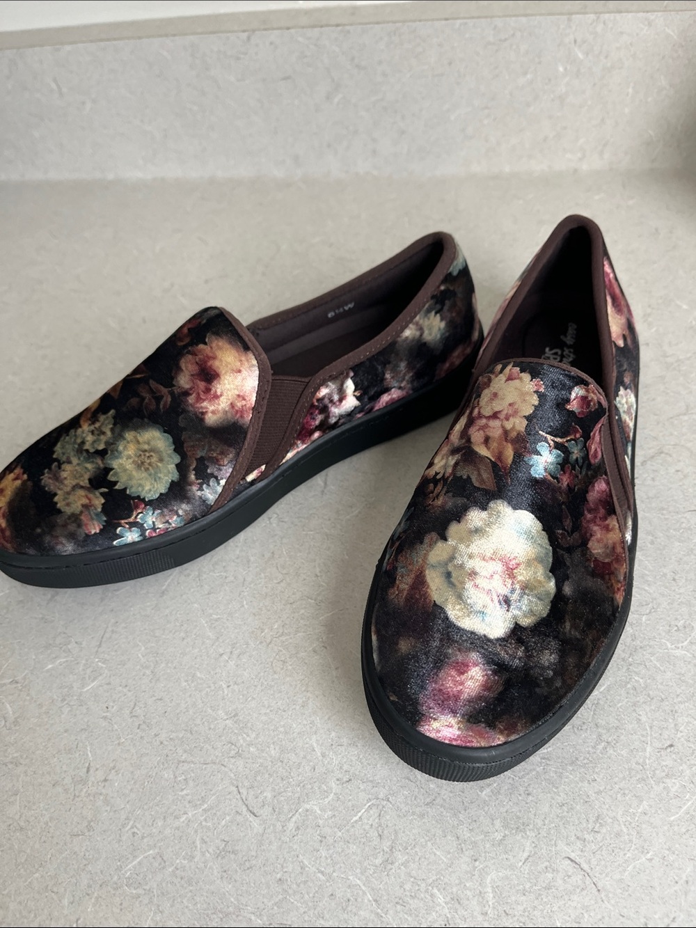 easy street Floral Velvet Slip-On Sneakers in Black and Brown
